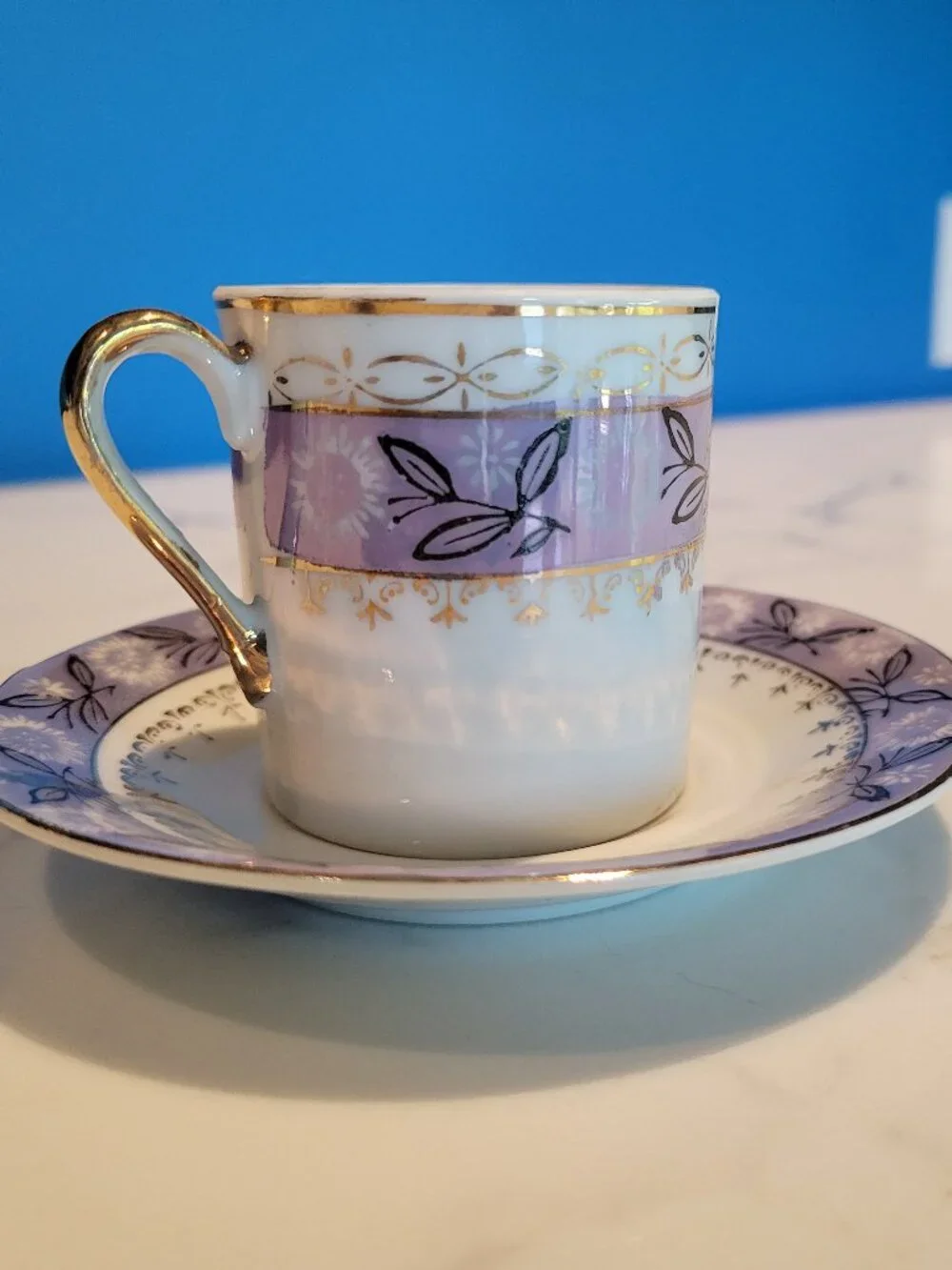 Vintage Lavender Porcelain Demitasse Espresso Cup & Saucer Set Gold Gilt